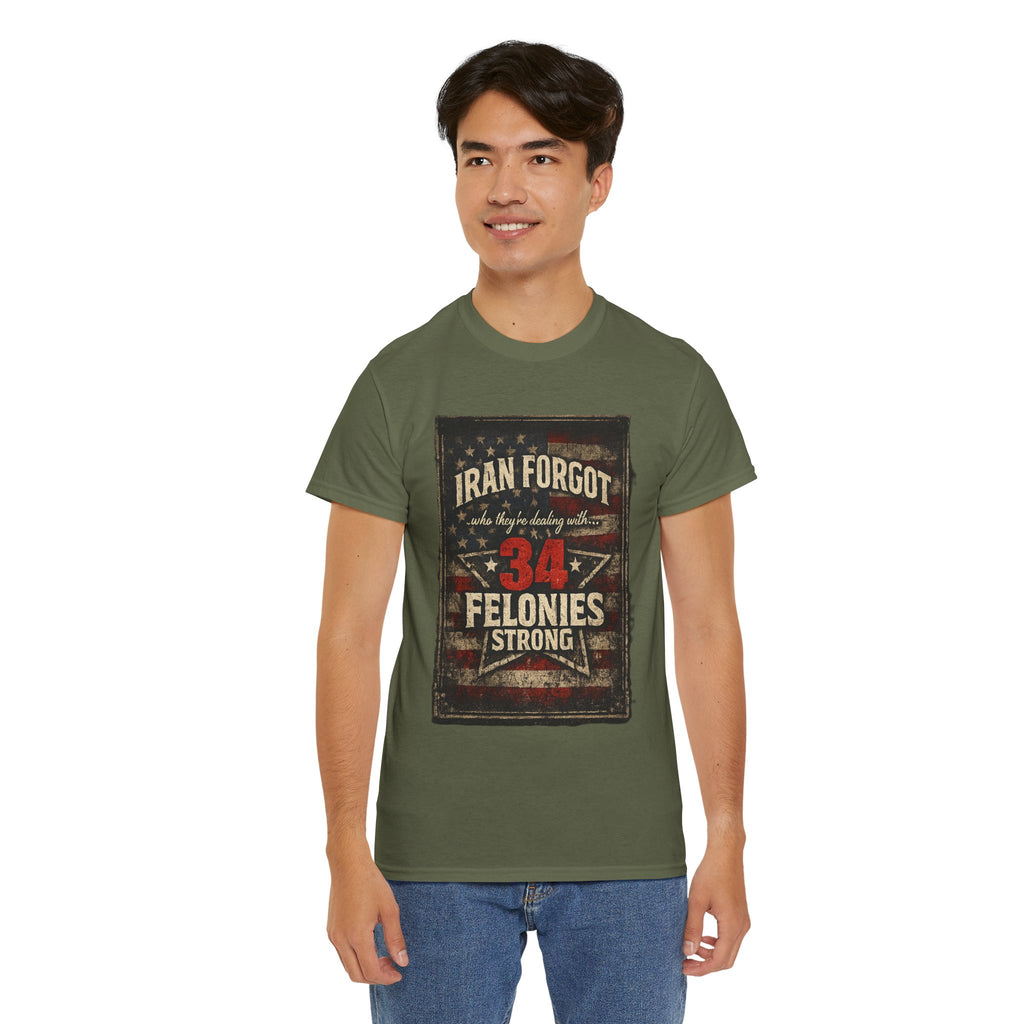 34 Felonies Strong Graphic Tee — Vintage Americana Felon Humor T-Shirt