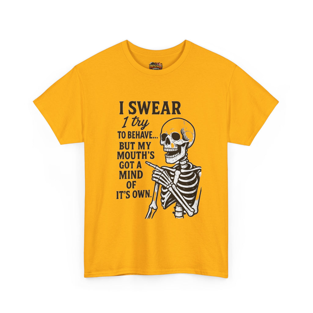 Funny Skeleton Tee, I Swear I Try to Behave T-Shirt, Halloween Shirt, Graphic Tee for Adults, Casual Wear, Gift Idea