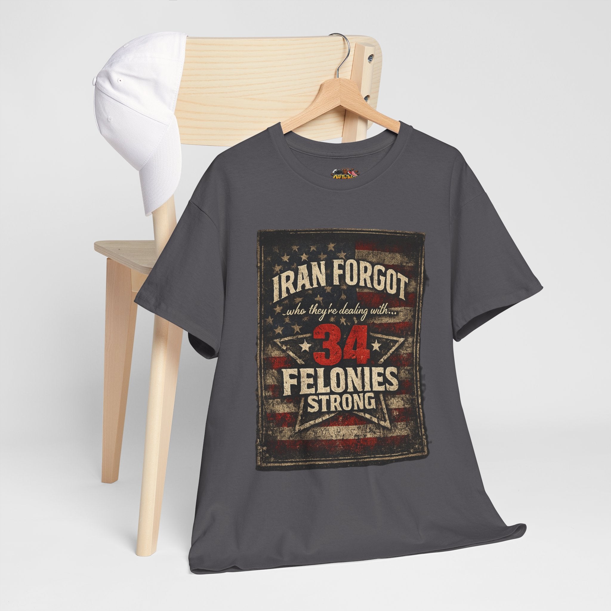 34 Felonies Strong Graphic Tee — Vintage Americana Felon Humor T-Shirt