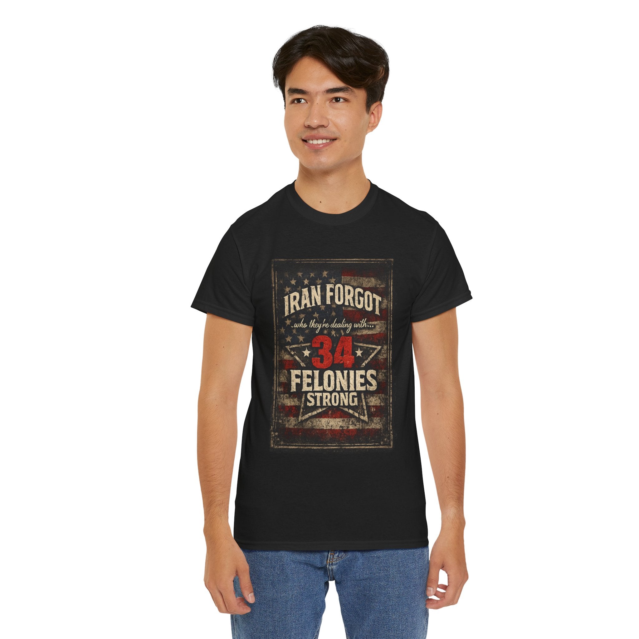 34 Felonies Strong Graphic Tee — Vintage Americana Felon Humor T-Shirt