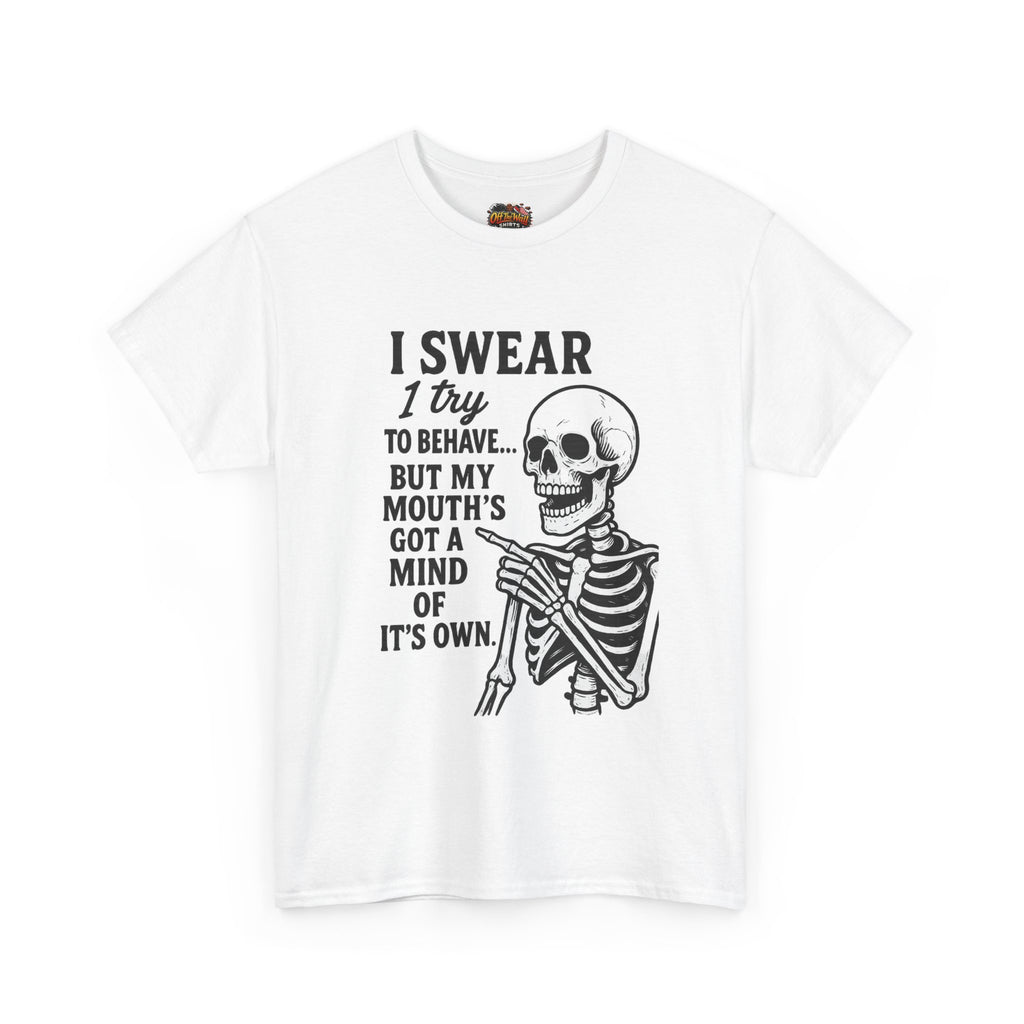 Funny Skeleton Tee, I Swear I Try to Behave T-Shirt, Halloween Shirt, Graphic Tee for Adults, Casual Wear, Gift Idea