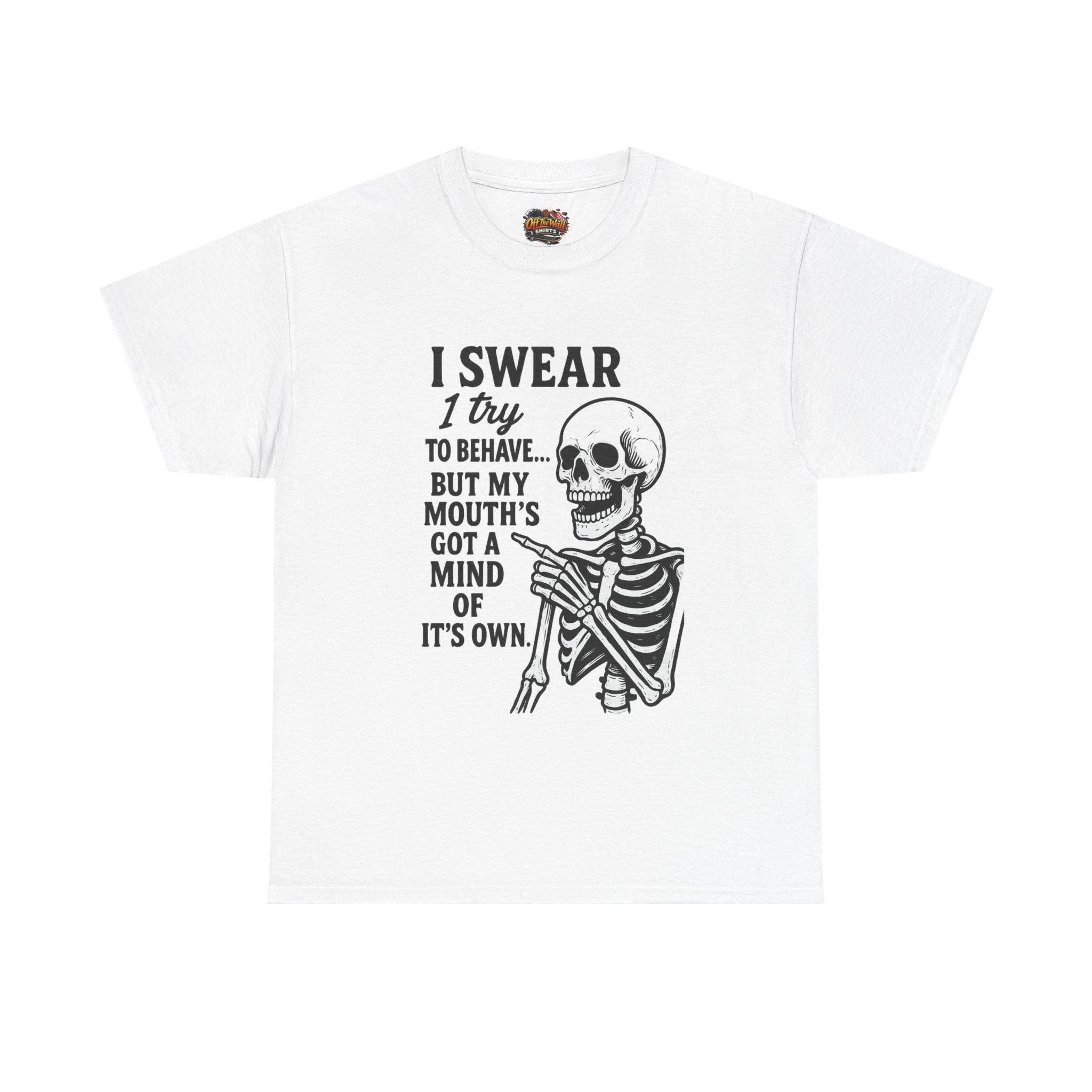 Funny Skeleton Tee, I Swear I Try to Behave T-Shirt, Halloween Shirt, Graphic Tee for Adults, Casual Wear, Gift Idea