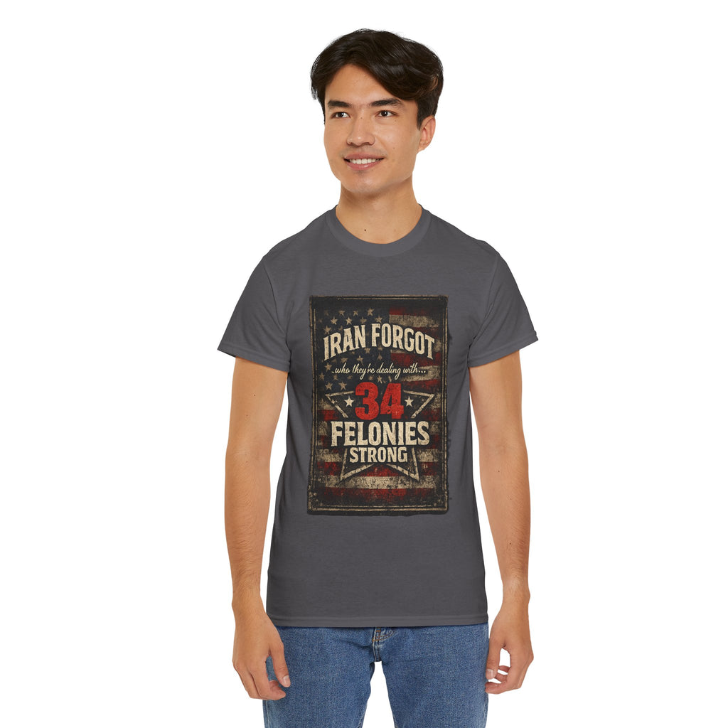 34 Felonies Strong Graphic Tee — Vintage Americana Felon Humor T-Shirt